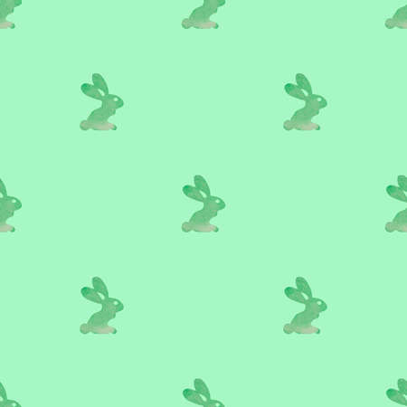 Rabbit seamless pattern. Easter watercolor background drawn by hand. Holiday green texture with funny rabbit for kidsの写真素材