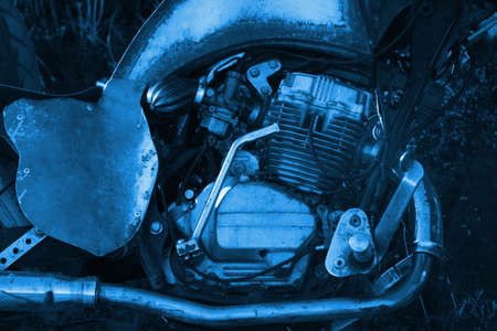 Motor steampunk background toned blue. Bike metal detailsの写真素材