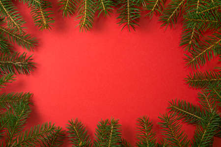 Christmas frame red background. Natural fir tree border with copy space for holiday design. Template for New yearの写真素材