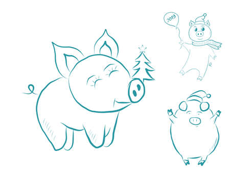 Pigs set icons funny and cute vector illustration drawn by hand. For New Year 2019 holiday designのイラスト素材