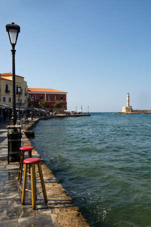 Greece, Chania - August 09, 2018: Crete Venetian Harbor of Chania Old Town. Crete island of Greece. Romantic travelのeditorial素材