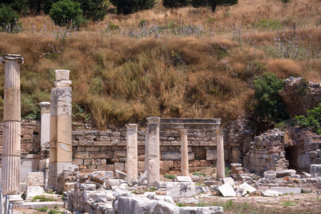 Ephesus ancient city old ruins at sunny day, Izmir, Turkey. Turkish famous travel landmark