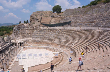 Turkey, Ephesus - June 25, 2019. Ephesus ancient city old amphitheater ruins at sunny day, Izmir. Turkish famous travel landmarkのeditorial素材