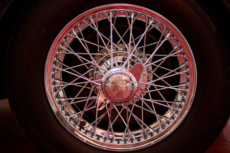 Moldova, Kishinev - May 22, 2019. Jaguar retro car wheel closeup. Retro transport vintage concept