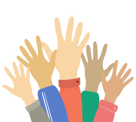 Hands up voting, career symbol colorful vector illustration. Hands silhouettes cultural and ethnic...