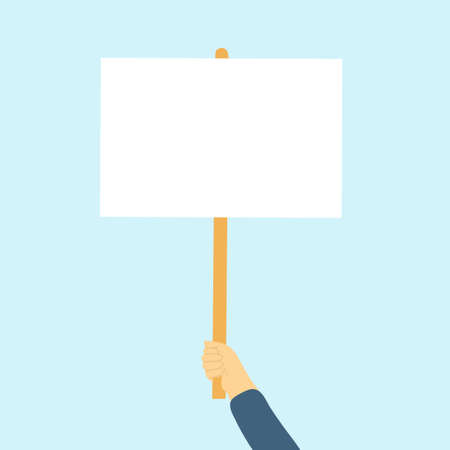 Hand holding blank poster, banner, manifestation sign placard vector. Blank vote placard or peace protest poster flat cartoon designのイラスト素材