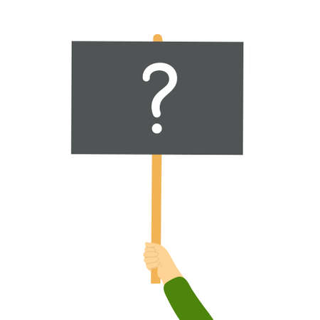Question mark on black banner on white background in hand vector illustration. Ask or business concept. Interrogation mark on posterのイラスト素材