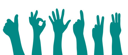 Hands signs, gestures and finger movements set silhouette vector illustration in blue color on a...