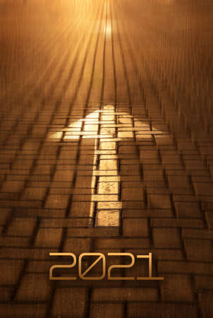 2021 New year and arrow on the road background. Forward New Year concept with arrow and 2021 number at sunset. Concept of planning, business, strategy, opportunity, goals, career and changeの写真素材