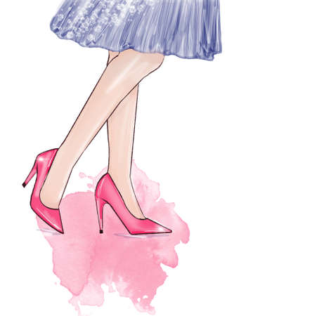 Fashion illustration of womens legs, pink shoes and dress for spring holiday. Womens day 8 March greeting cardの写真素材