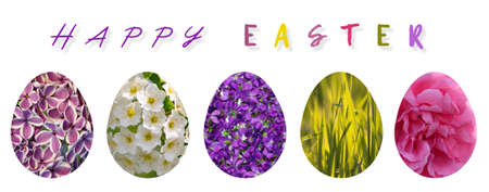 Happy Easter banner. Easter eggs with spring flowers patternの写真素材