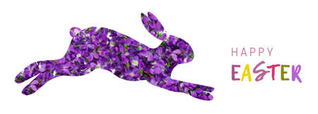 Easter rabbit bunny illustration silhouette made of violets. Easter card banner, natural style patterned designの写真素材