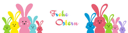 Happy Easter in German Frohe Ostern banner. Easter bunny family vector illustration bright and colorful element for designのイラスト素材