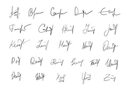 Handwritten signatures set. Fictitious signatures for business contract. Vector   collectionのイラスト素材