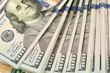 Dollar background banknotes of hundred bills. American US cashの写真素材