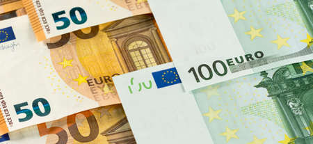 Euro banner background banknotes of hundred fifty bills. European EU cashの写真素材