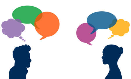 Man and woman head silhouette with colorful thinking and speech bubble boxes vector illustration isolated on white. Human chatting, teamwork and communication conceptのイラスト素材