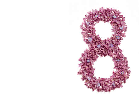8 march greeting card. Number eight shape lilac flowers isolated on white background. Womens day card. Template for greeting card, web designの写真素材