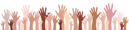 Hands up skin tone silhouettes raised up vector set banner. Multinational international concept of team, volunteer, vote, group, friendship, unity, group, association, company, partnershipの写真素材