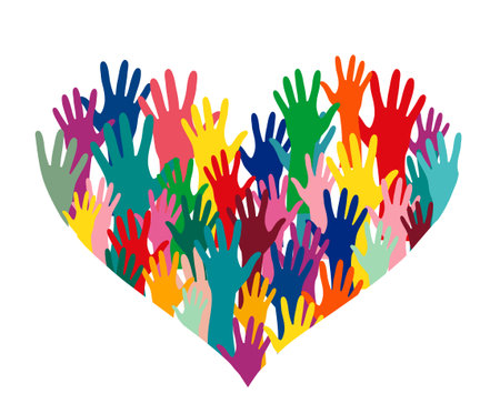 Colorful hands up in heart shape vector. Love, team, friendship, charity, volunteering, help, community support and social care conceptの写真素材