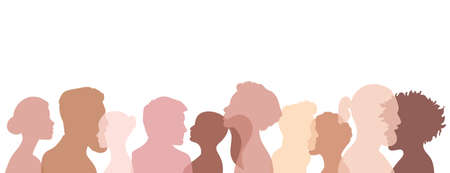 Community people skin tone heads silhouette panorama banner team vector EPS10 illustration isolated on white. Human chatting and communication conceptのイラスト素材