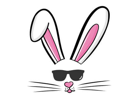 Easter bunny rabbit in sunglasses vector illustration drawn by hand. Bunny face, ears and tiny muzzle with whiskers isolated on white backgroundのイラスト素材