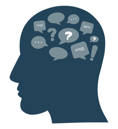 Silhouette of mans head with questions and thoughts in brain, Business concept vector illustrationのイラスト素材