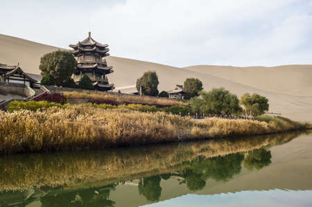 Crescent Spring and Mingyue Pavilion in the morning, Dunhuang of Chinaのeditorial素材