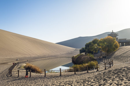 Crescent Spring and Mingyue Pavilion, Dunhuang of Chinaのeditorial素材