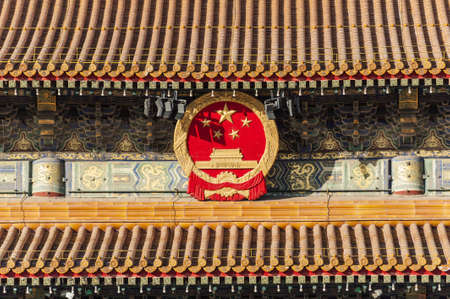 The national emblem of China on Tiananmen towerのeditorial素材