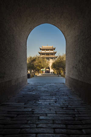 Jiayuguan tower, west end of Great Wall, Gansu of China  View from the gateway の写真素材