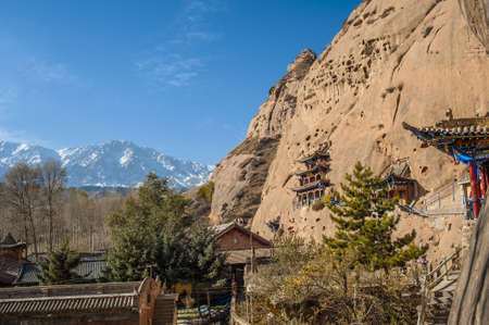 The ancient temple built in the mountain, Zhangye, Gansu of Chinaの写真素材
