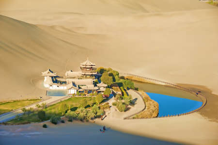 Crescent Spring and Mingyue Pavilion in the morning, Dunhuang of Chinaのeditorial素材