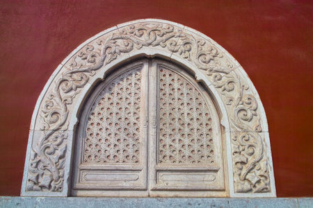 Decoration marble window of a traditional Chinese templeの写真素材