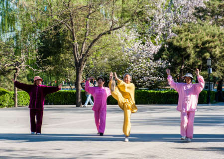 An senior asian man demonstrate how to do the exciseのeditorial素材