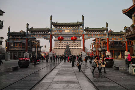 Decorated archway in Qianmen, an old commercial street in Beijingのeditorial素材