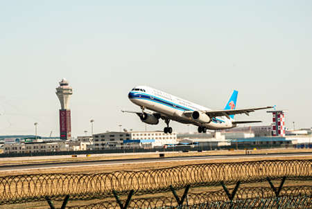 Airplane landed on Beijing Capital Airportのeditorial素材