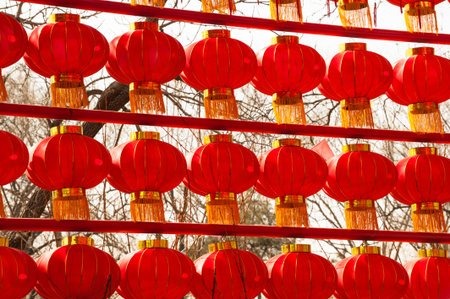 Rows of red lanterns at outsideの写真素材
