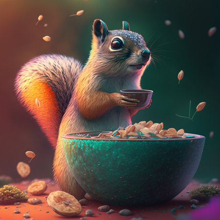 Squirrel with a mug in front of a bowl of nuts and seedsの素材