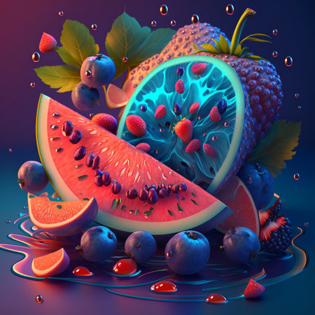 Fruits and berries on a dark blue background. 3d illustrationの素材