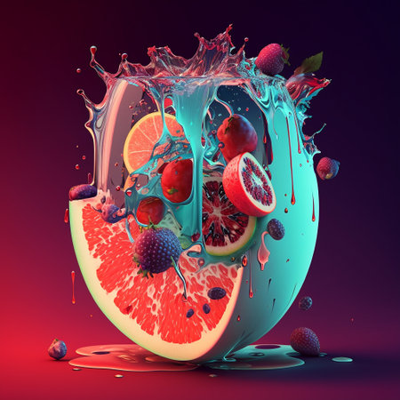 Fruit in juice splash. 3d rendering 3d illustration.の素材