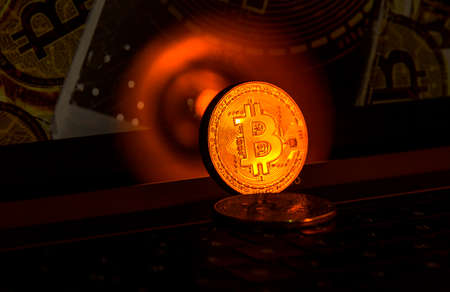 Bitcoin on the notebook- new crypto currency conceptの写真素材