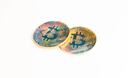 Crypto currency -Bitcoin money white backgroundの写真素材
