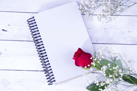 rose flower and notebook on wooden backgroundの写真素材