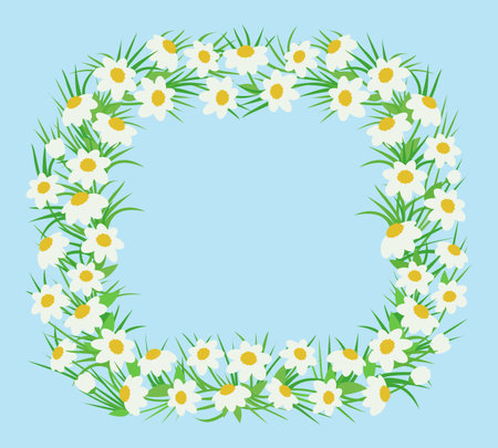 White flowers with a yellow core, green leaves, and grass For decoration and design greeting cards, invitations, weddings, birthdayのイラスト素材