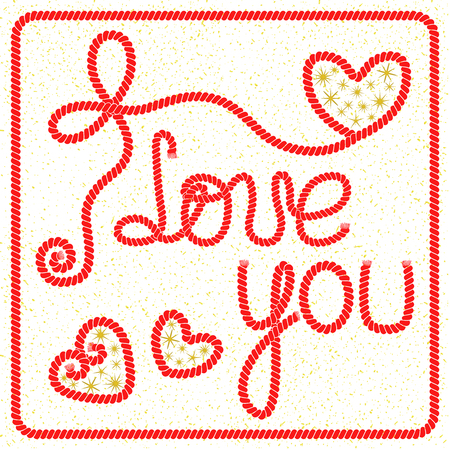 Vector romantic greeting card with lettering I love you from the ropes golden confetti and hearts with gold stars to congratulations with Valentine's day and loveのイラスト素材