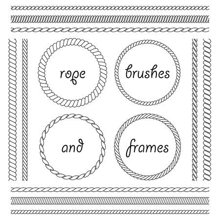 Set of round vector frames from marine rope isolated on white background. Collection of thick and thin brushes to design frames, borders and divider simulating a braided rope. The brush included in the fileのイラスト素材