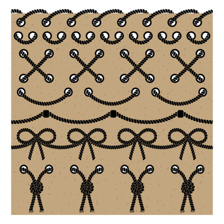 Vector set seamless brushes of the twisted wire rope design frames and borders. Collection of isolated objects on a plain cardboard background to create ornaments in a nautical theme. The brush included in the file.のイラスト素材