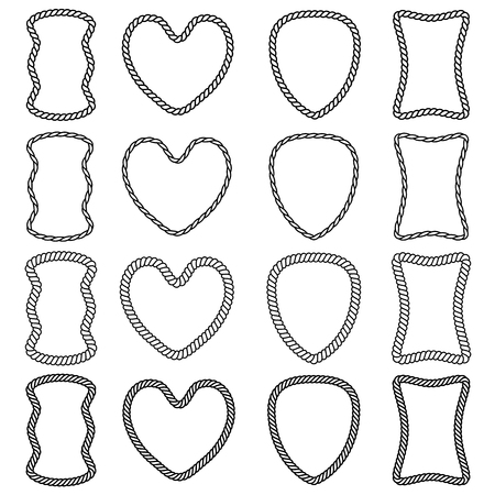 Vector set of isolated frames of thick and thin twisted rope on a white background. Heart shape, abstract, shield, rectangular. For design cards, banners, posters, etc.のイラスト素材