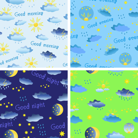 Set of seamless patterns on the theme of weather with rain, sun, clouds and stars. Vector illustrationのイラスト素材